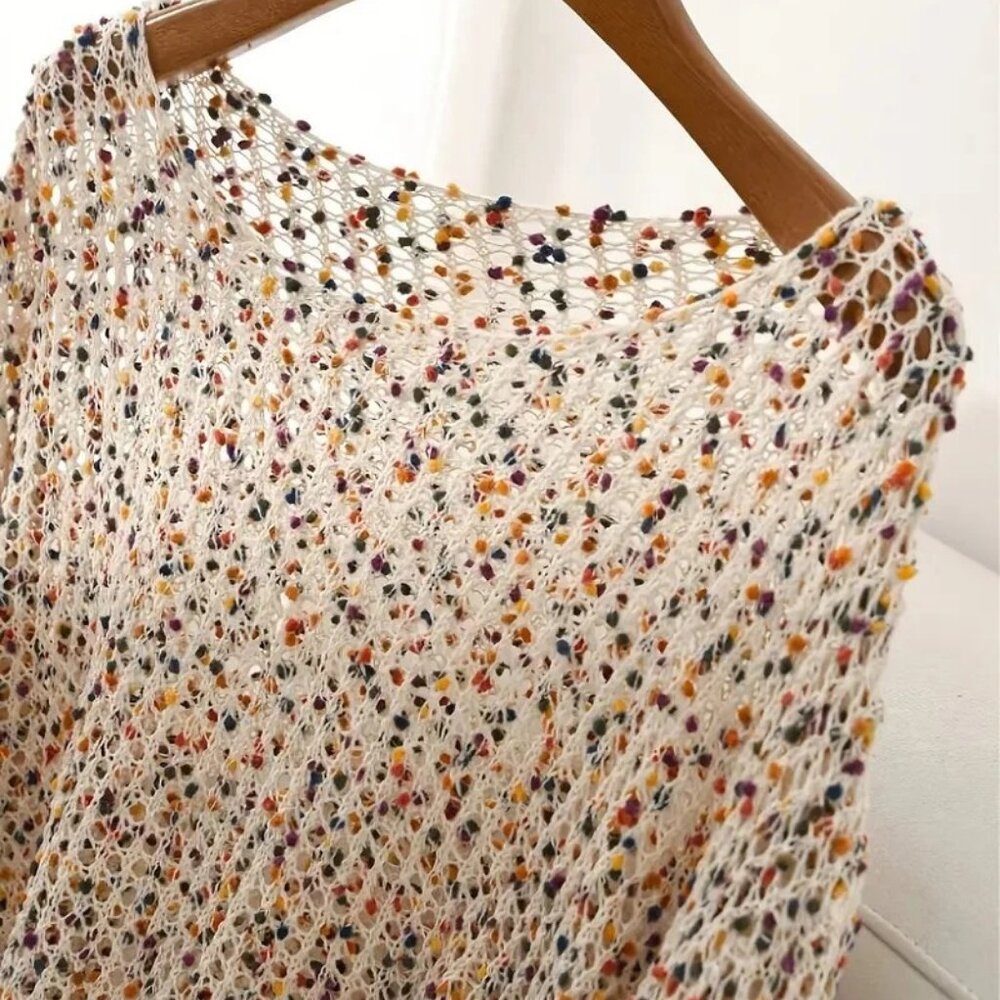 Knitted Multicolor Rainbow Bobbles Net Pullover Sweater XL